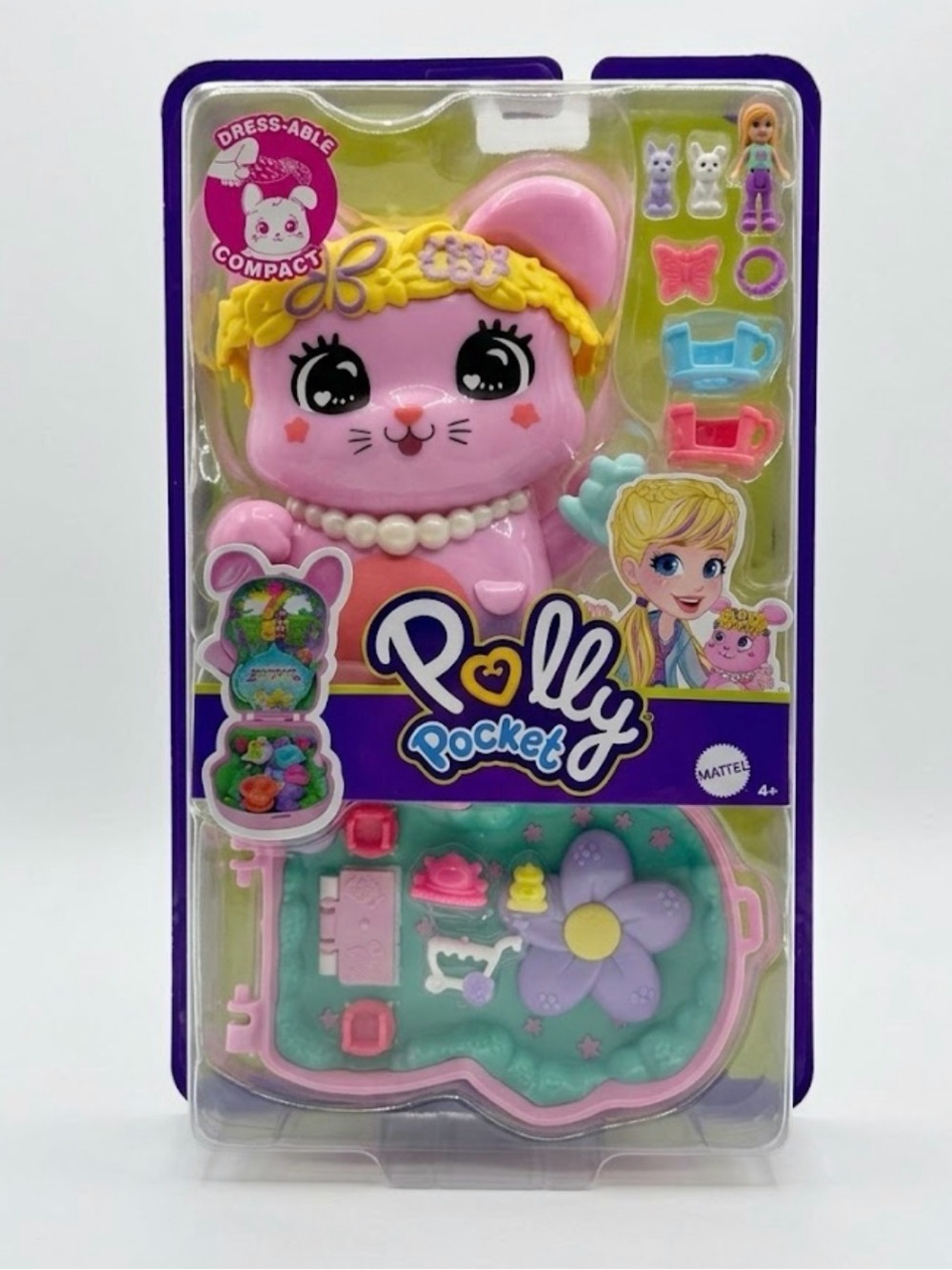 New Mattel Polly Pocket Pink Tea Party Bunny Dress-Able Compact Playset Kid Toy